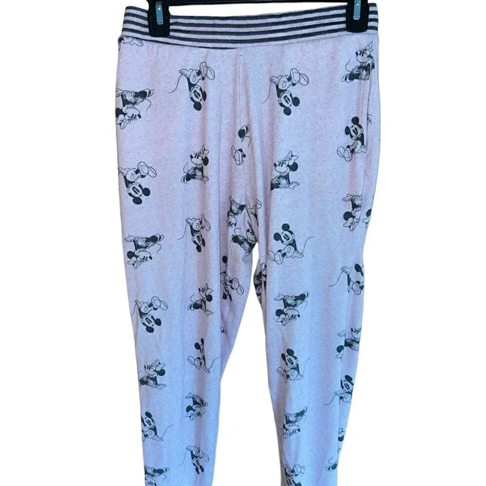 Disney Mickey Minnie Mouse Blush Pink Black Pajama Joggers Women's Small‎ Cozy